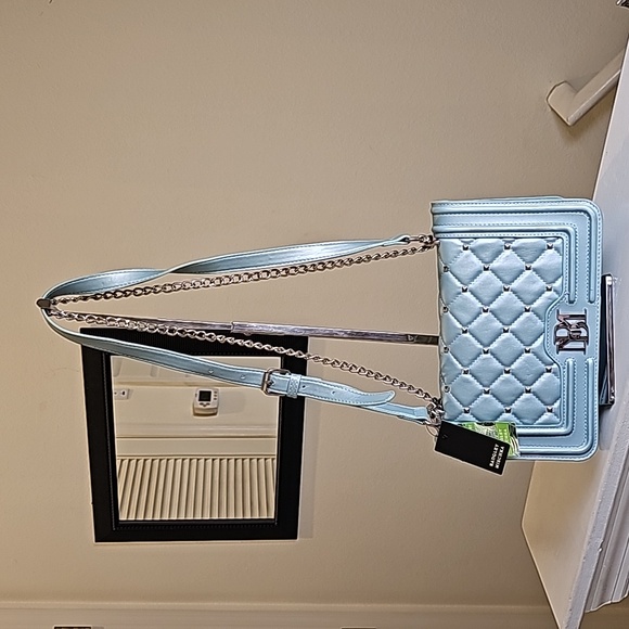 Badgley Mischka Handbags - Badgley Mischka Studded Metallic Blue Vegan Leather Chain Turnlock Crossbody NWT